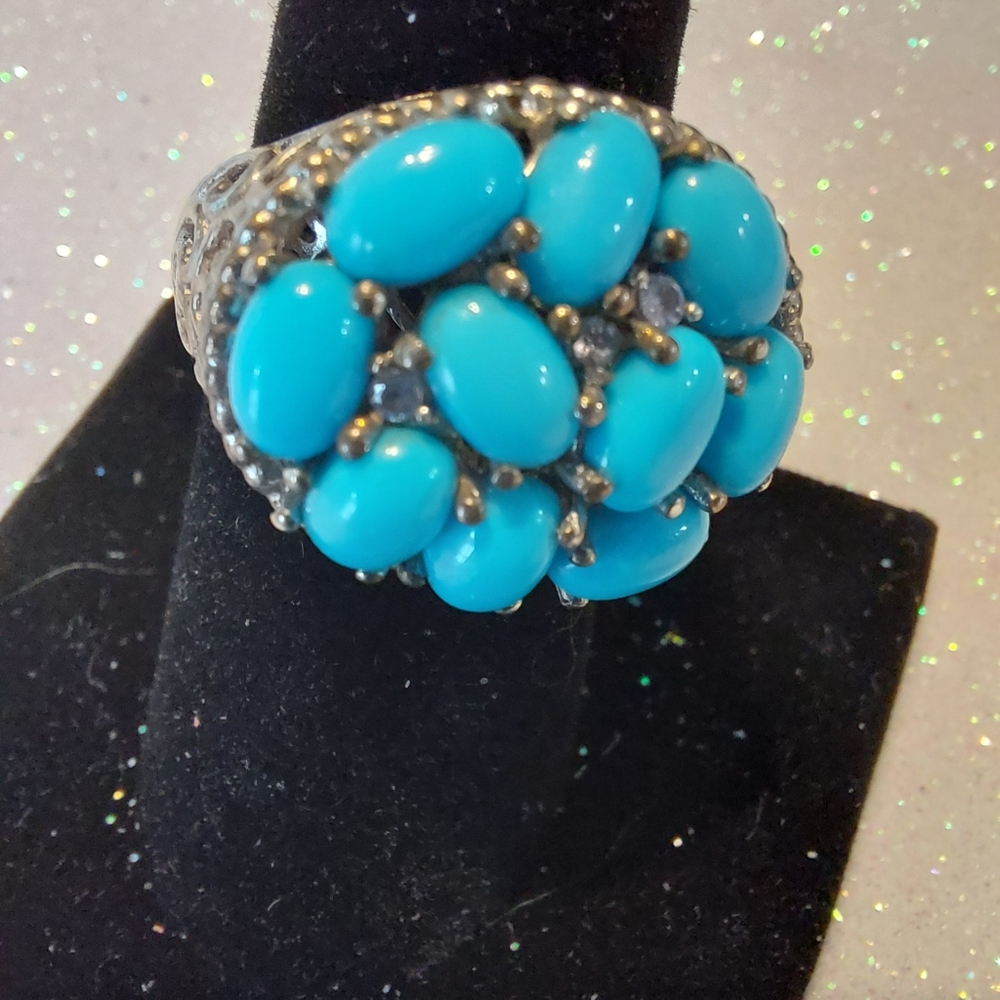 VTG STS Jewels 925 Sterling Silver Turquoise Cluster Filigree Cocktail Ring Sz 8